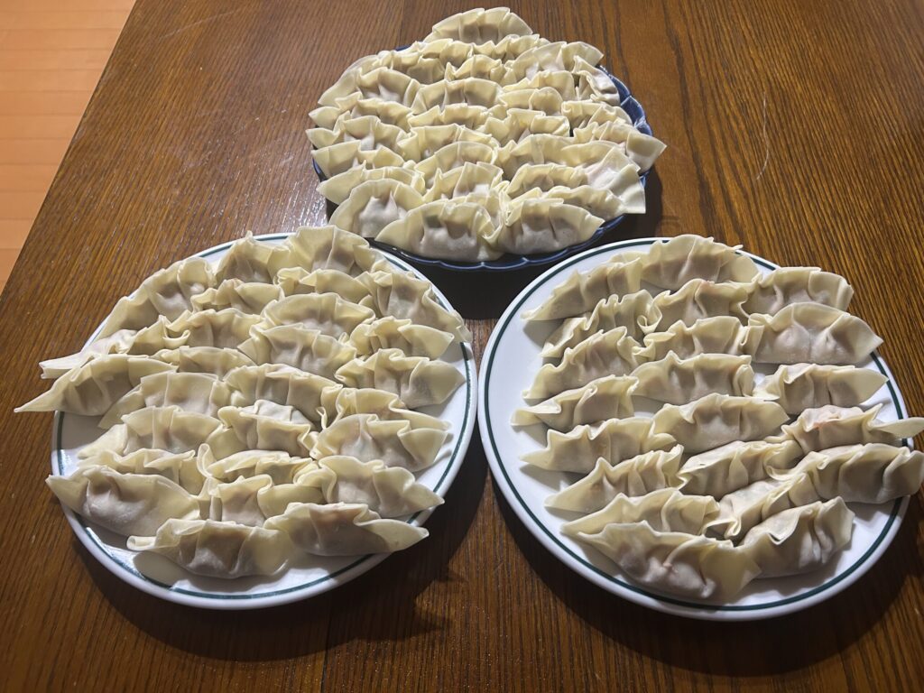 お皿に並んだ手作りの生餃子78個