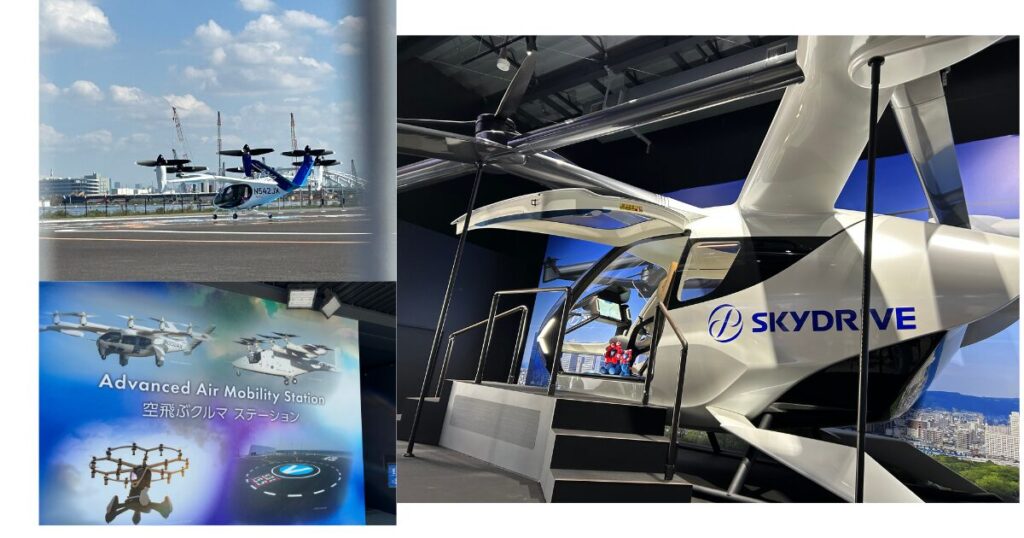 3枚の万博での画像。右側には、空飛ぶクルマの機体の展示がされている画像と、左上には、デモフライトをした機体の画像。左下には空飛ぶクルマステーションと書かれた機体や離着陸場の画像。
